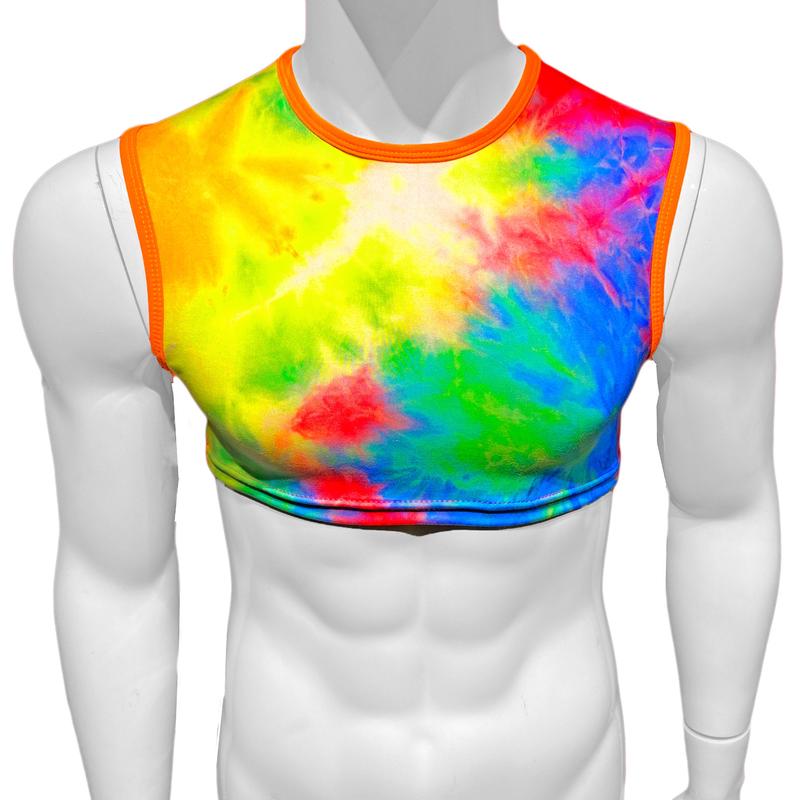 Crop Tank - Rainbow Tie Dye with Orange Trim