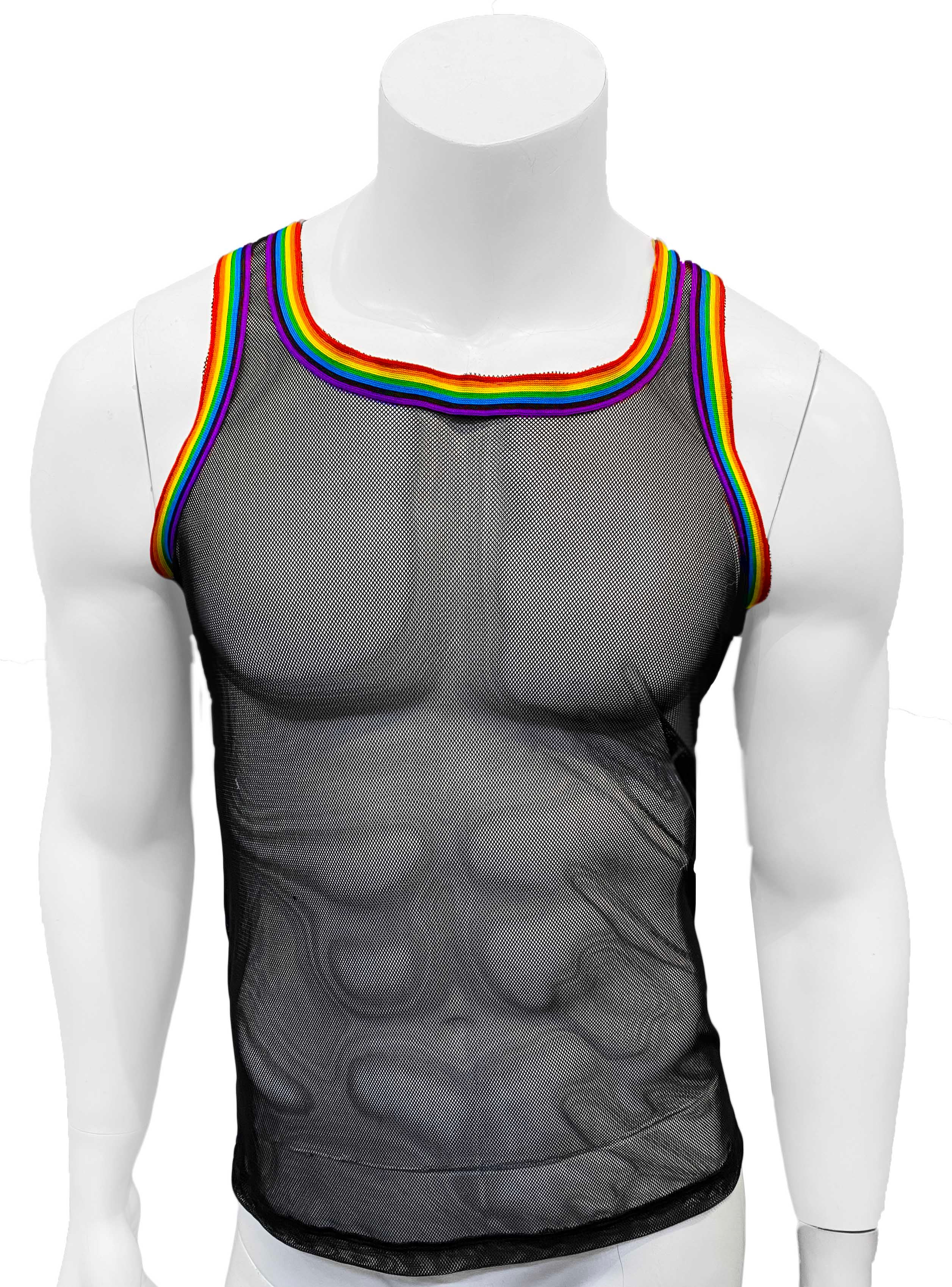 Fine Mesh - Fishnet See Through Sexy Men's Tank With Rainbow Trim - Black