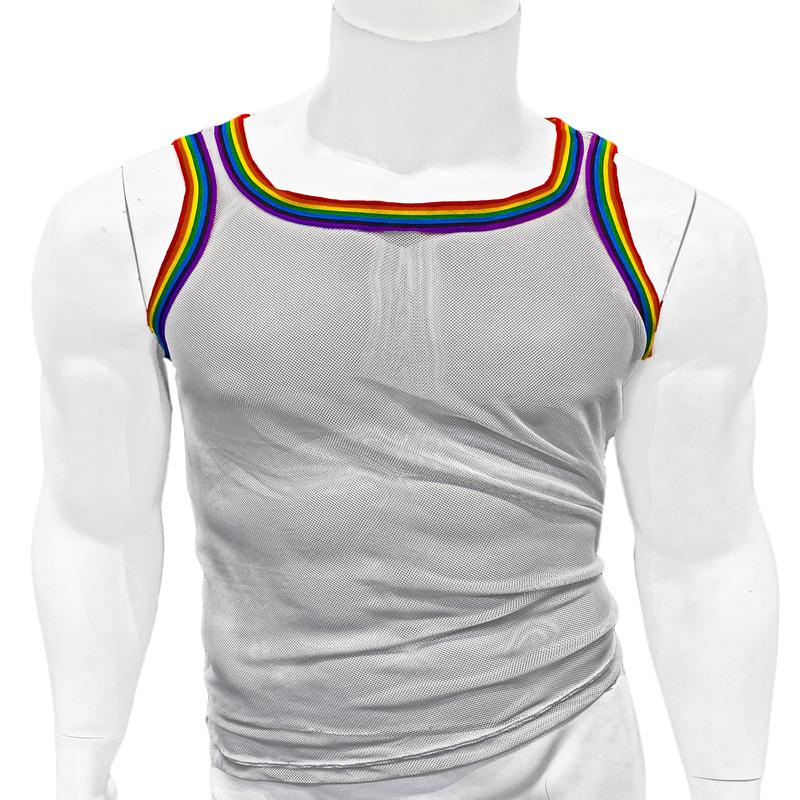Fine Mesh - Fishnet See Through Sexy Men's Tank With Rainbow Trim - White