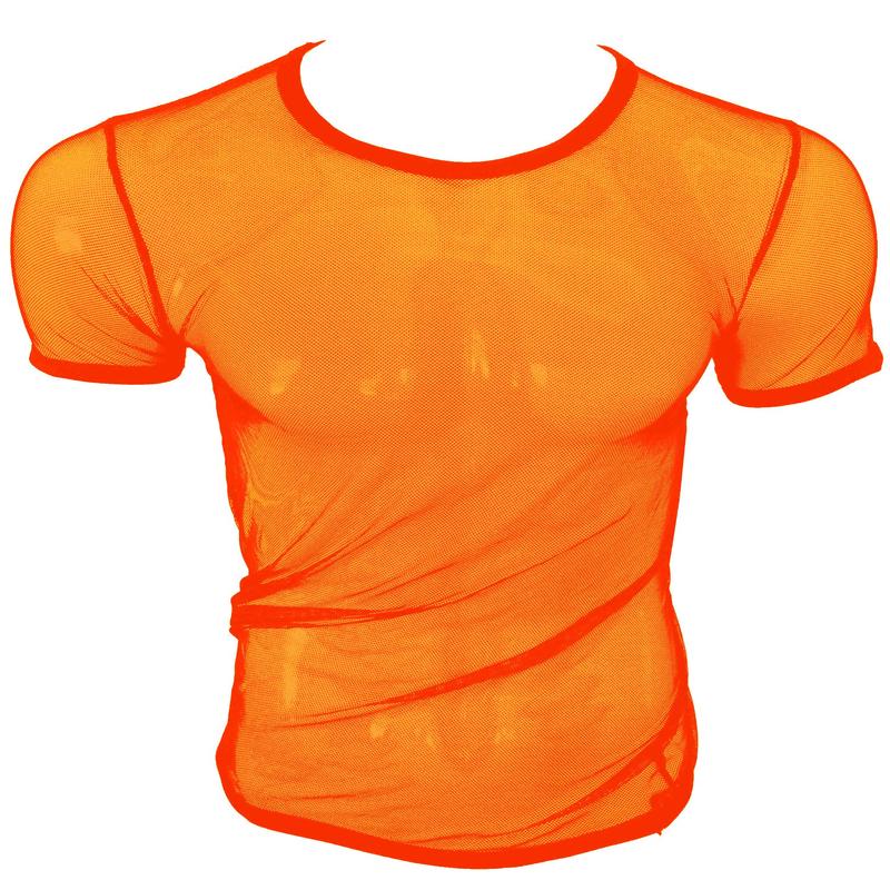 Fine Mesh - Fishnet See Through Sexy Men's Tee T-shirt - NEON ORANGE