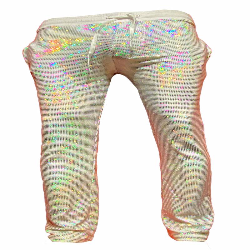 FLAT SEQUINS DRAWSTRING PANTS - WHITE HOLOGRAPHIC