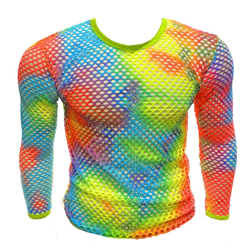 Long Sleeve Fishnet Tee - Rainbow Tie Dye
