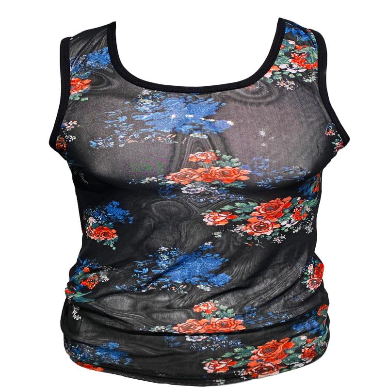 Made in SF Printed Floral Mesh Tanks - Black Blue