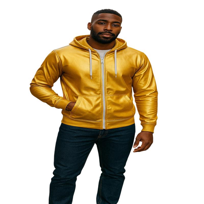 Metallic Faux Leather Hoodie - Gold