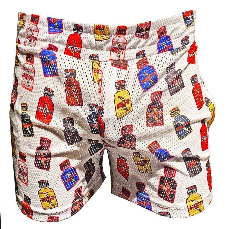 See Thru Sports Mesh Booty Shorts  With Pockets Sniff Print - WHITE