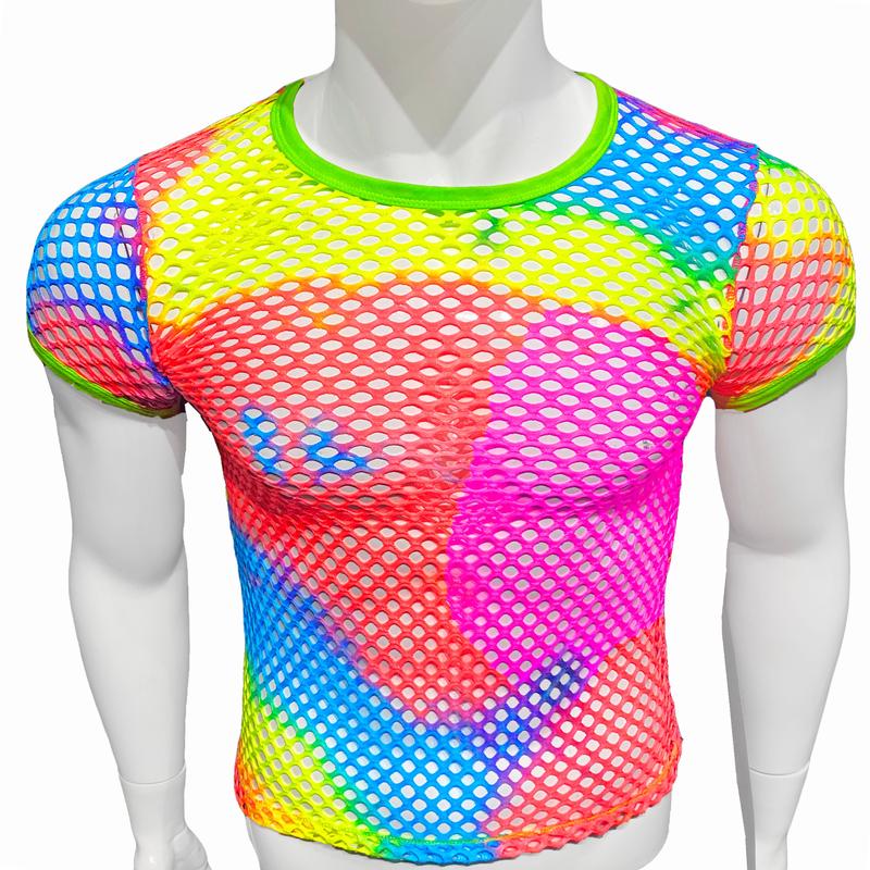 Short Sleeve Fishnet Tee - Rainbow Tie Dye