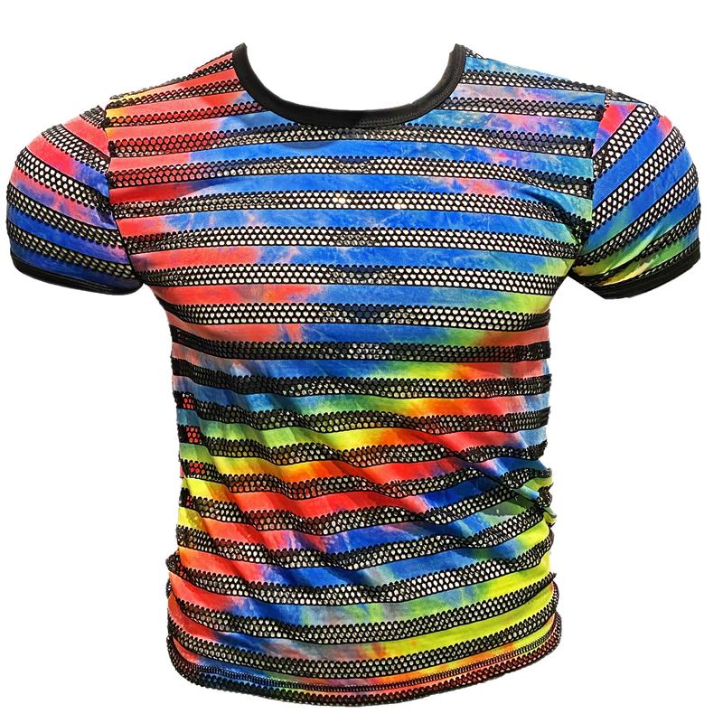 Tie Dye Striped Mesh Tee - BLACK RAINBOW