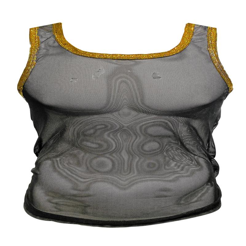 Contrast Glitter Trim Mesh Tank - Black Gold