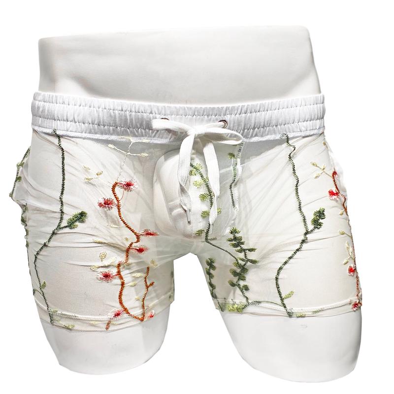 Embroidered Mesh Shorts - White Red