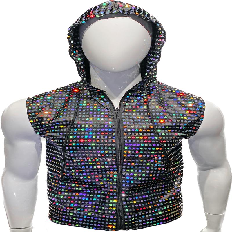 Flat Sequins Zip Up Hooded Vest - Black Holo