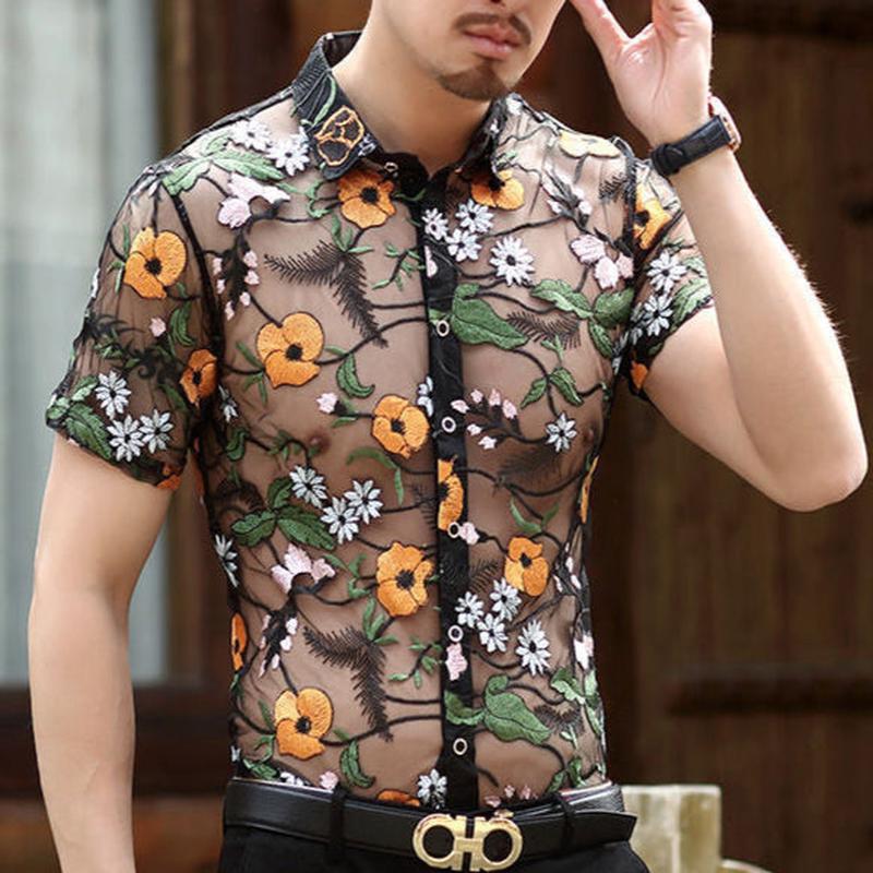 Floral Embroidered Mesh Button UP Short Sleeve- Black Gold (orange)