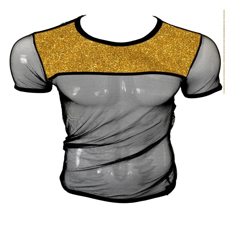 Glitter Trim Mesh Tee - Black Gold