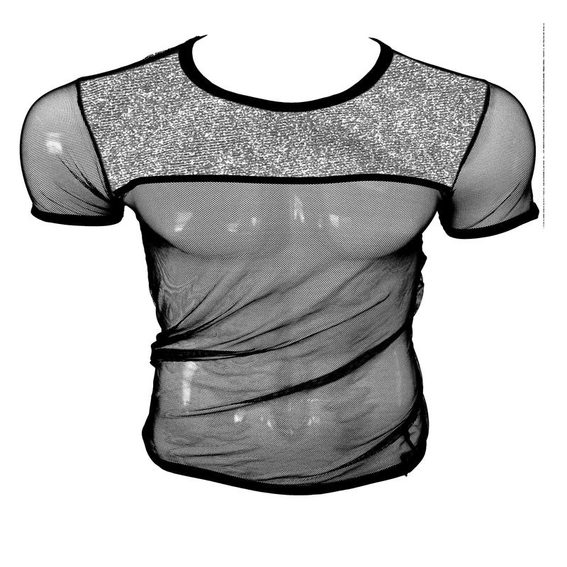 Glitter Trim Mesh Tee - Black Silver