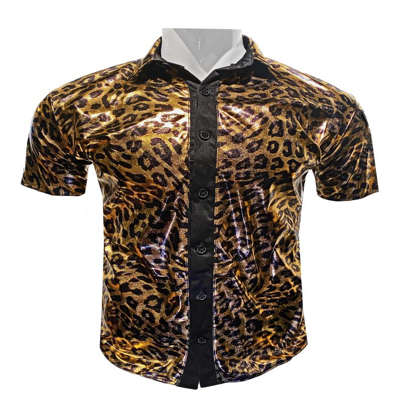 Metallic Leopard Print Short Sleeve Button-Up