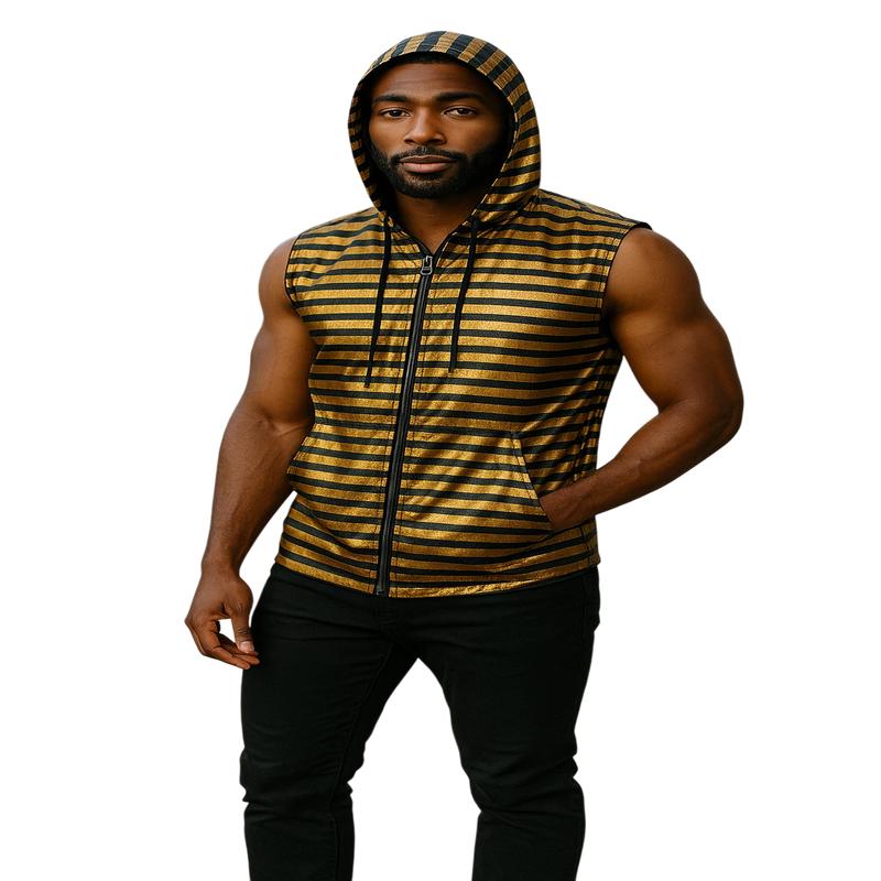 Metallic Zip Up Hooded Vest - Black Gold Stripes