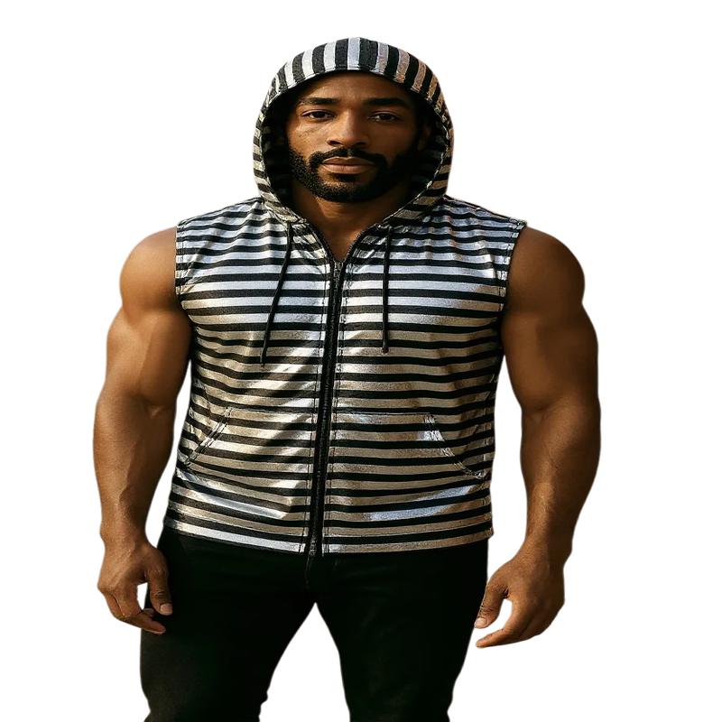 Metallic Zip Up Hooded Vest - Black Silver Stripes