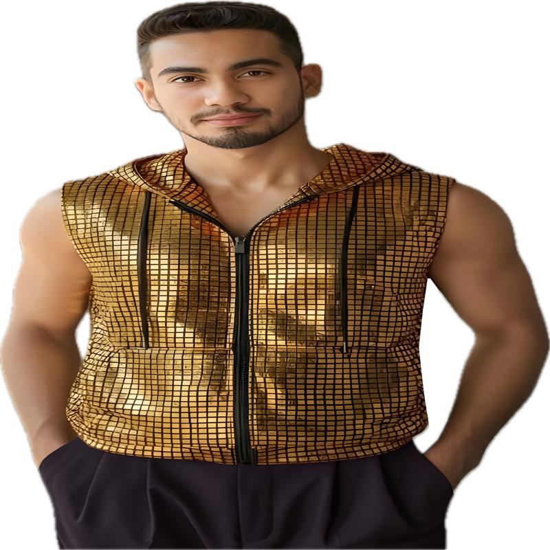 Metallic Zip Up Hooded Vest - Gold