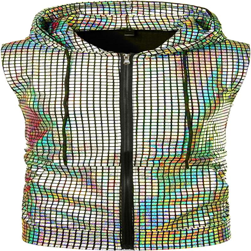 Metallic Zip Up Hooded Vest - Silver Holo
