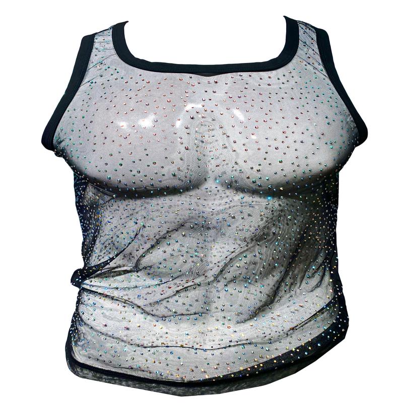 Rhinestone Mesh Tank - Black Multi