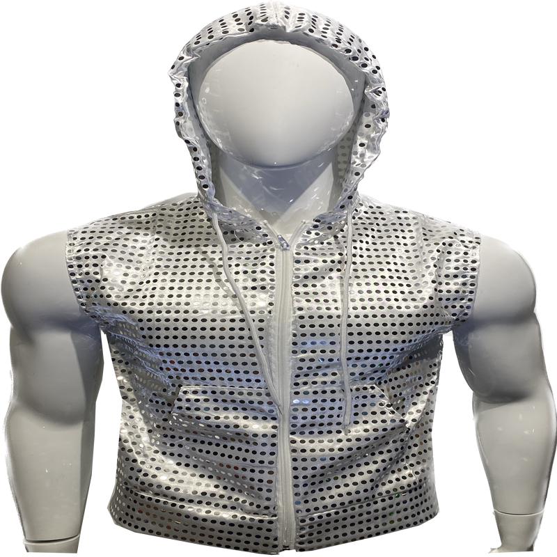 Sequins Zip Up Hooded Vest - White Silver