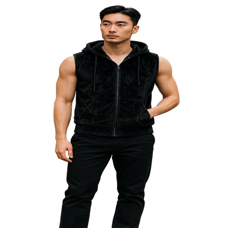 Short Fur Sleeveless Hoodie - Black