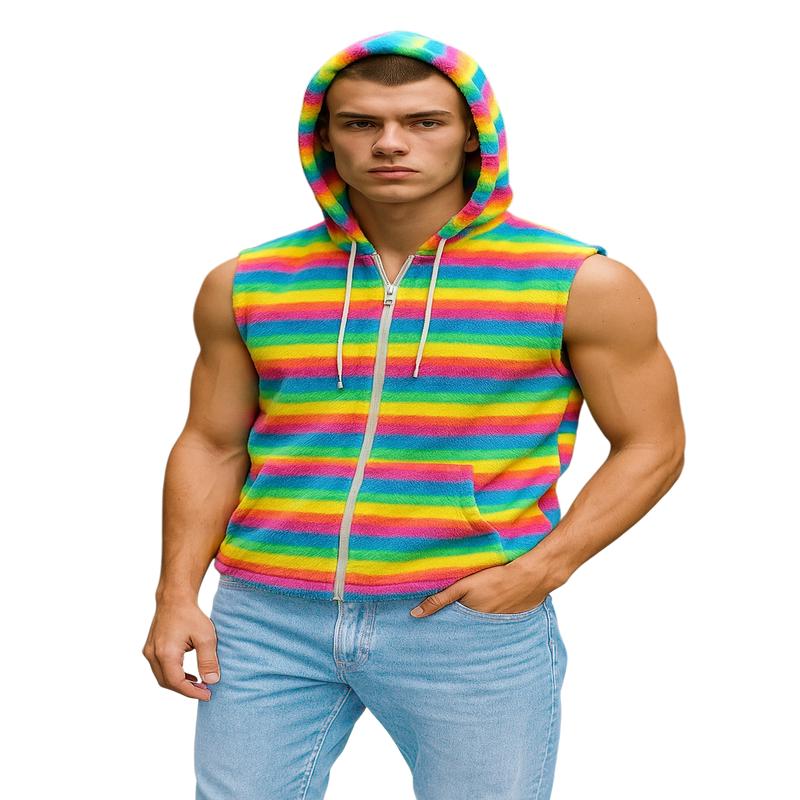 Striped Fur Sleeveless Hoodie - Pastel Rainbow