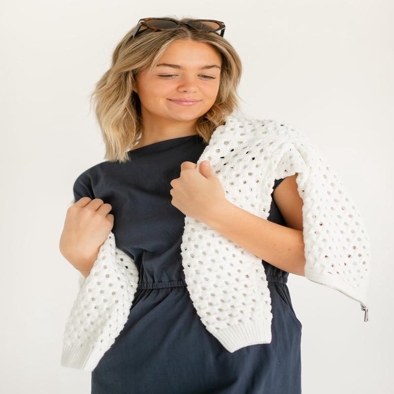 elan White Open Knit Zip Front Cardigan - FINAL SALE