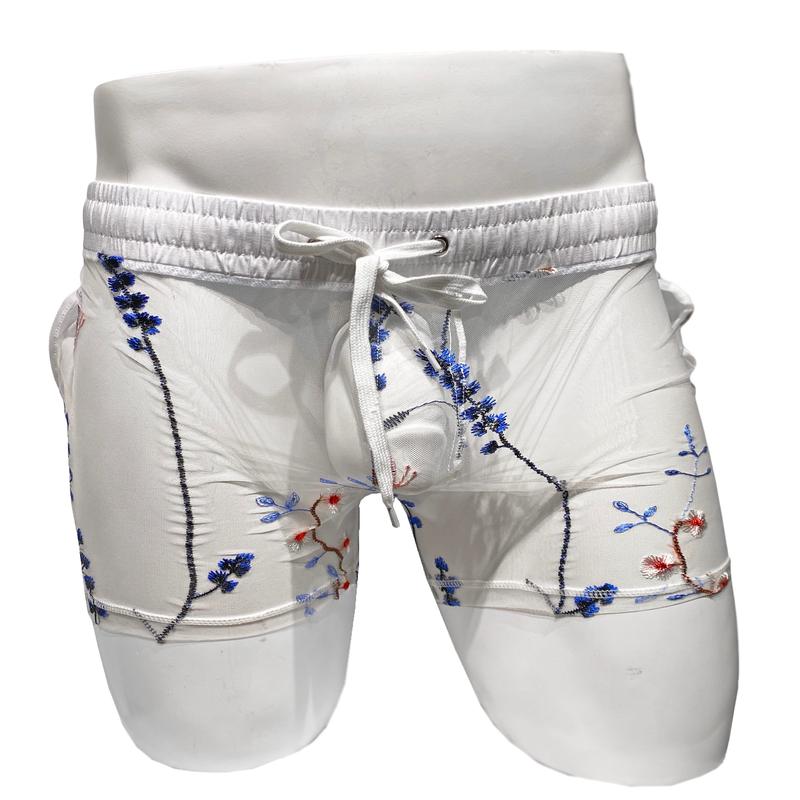 Embroidered Mesh Shorts - White Blue