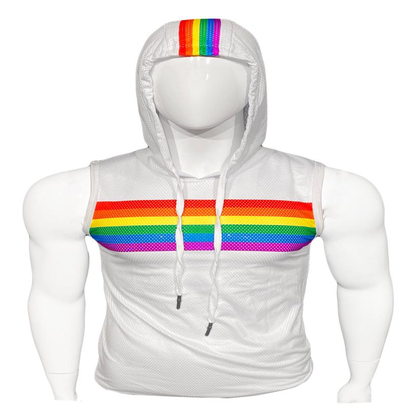 Rainbow Chest Stripe Sports Mesh Hooded Tank - White