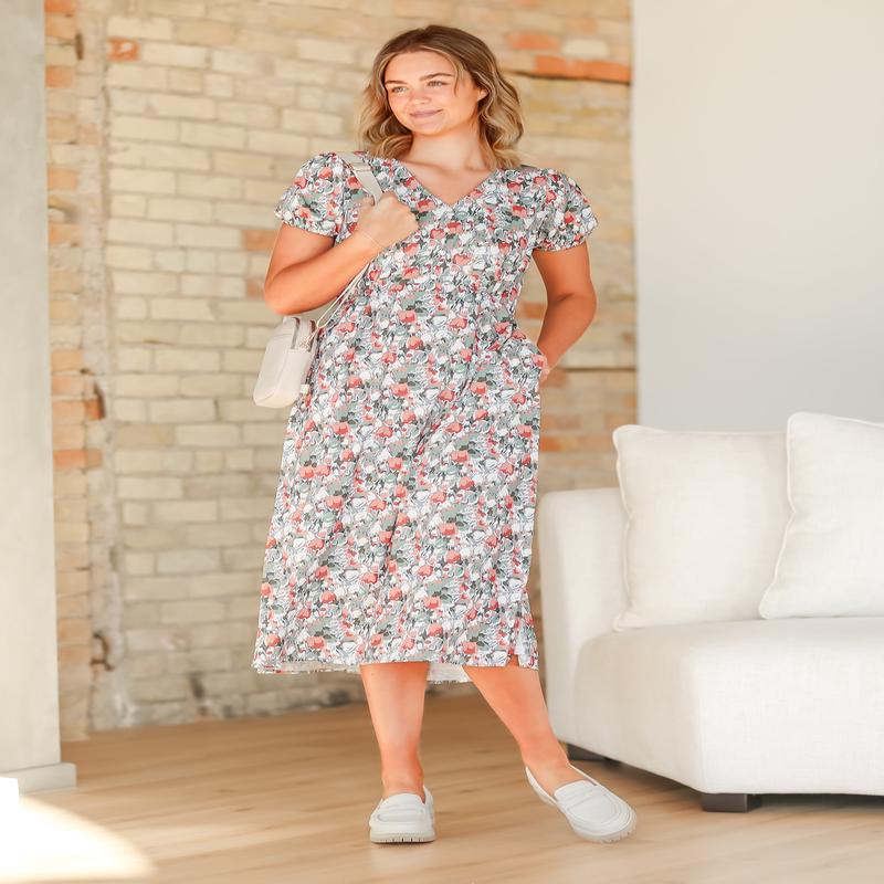 Short Sleeve Tulip Print V-neck Midi Dress - FINAL SALE