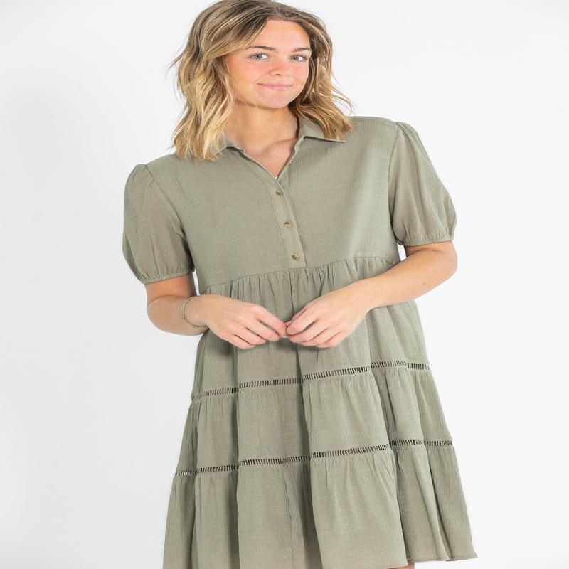 Textured Lace Contrast Half Button Midi Dress - FINAL SALE