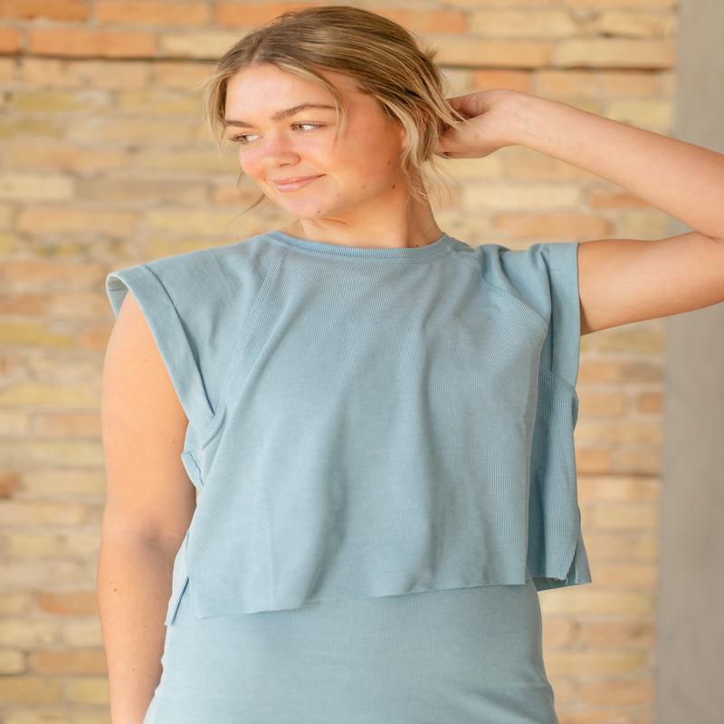 Blue Ribbed Knit Cuff Sleeve Top - FINAL SALE