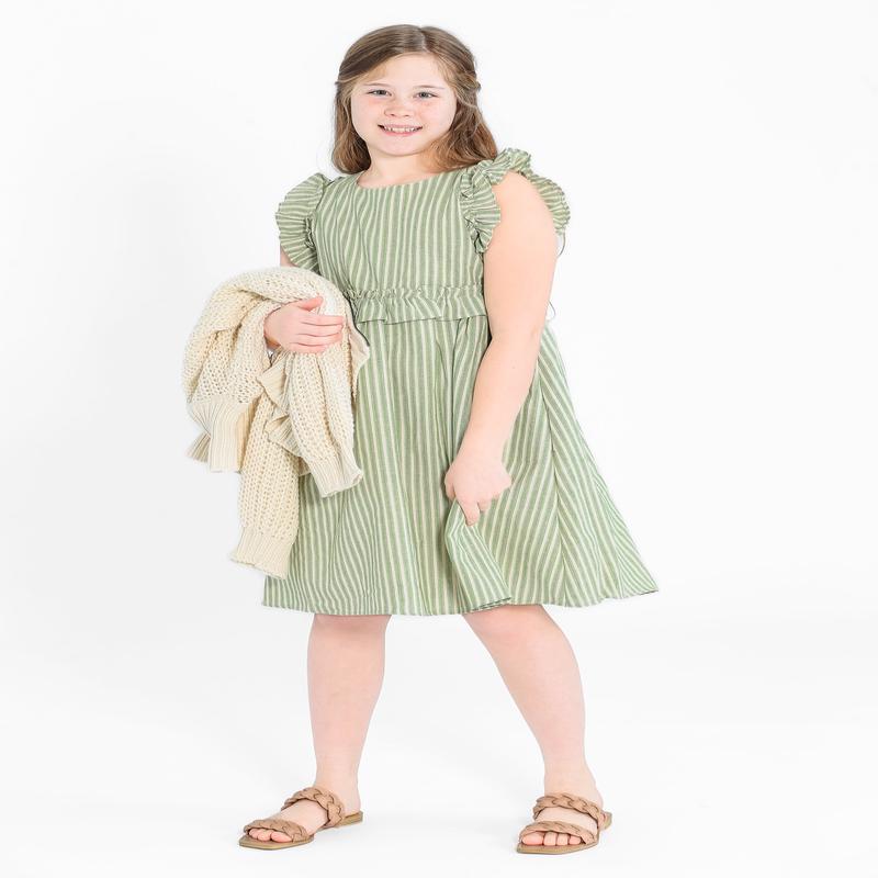 Girl's Linen Feel Striped Ruffled Dress - FINALSALE