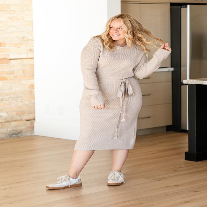 Crewneck Long Sleeve Waffle Knit Dress - FINAL SALE