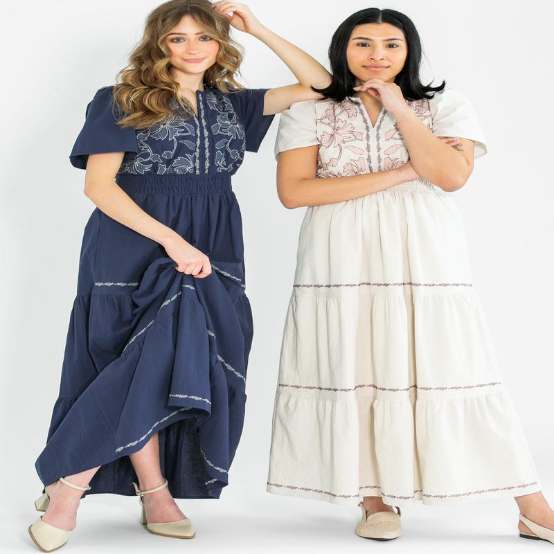 Embroidered Floral Print Maxi Tiered Dress - FINAL SALE