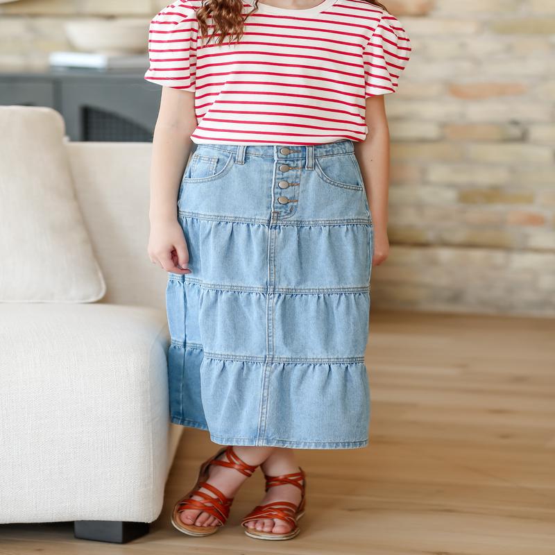 Girl's Button Fly Tiered Denim Skirt - FINAL SALE