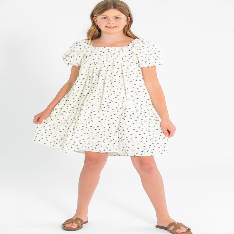 Girl's Ditsy Bow Print Box Pleated Puff Sleeve Dress