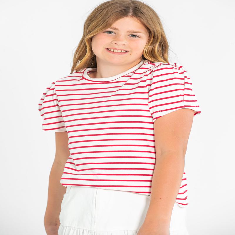 Girl's Pleated Puff Sleeve Stripe Knit T-Shirt