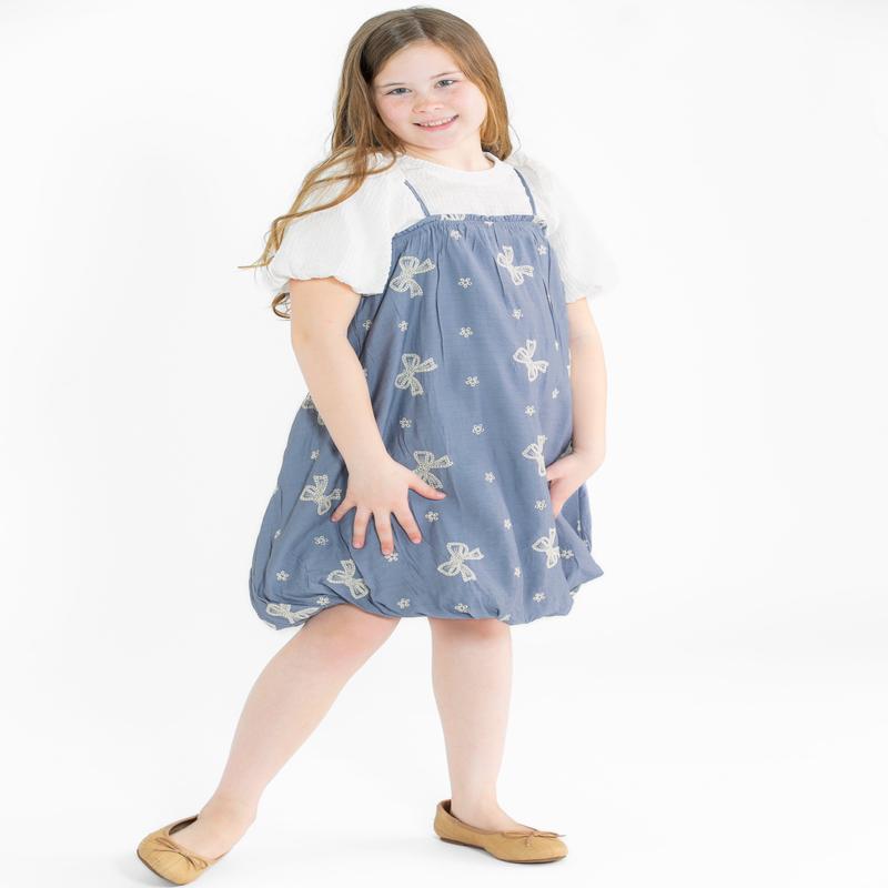 Girls Contrast Bow Stitched Square Neck Ruffle Dress