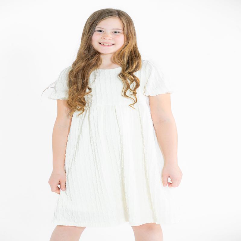 Girls Cream Textured Short Sleeve Dress - FINAL SALE
