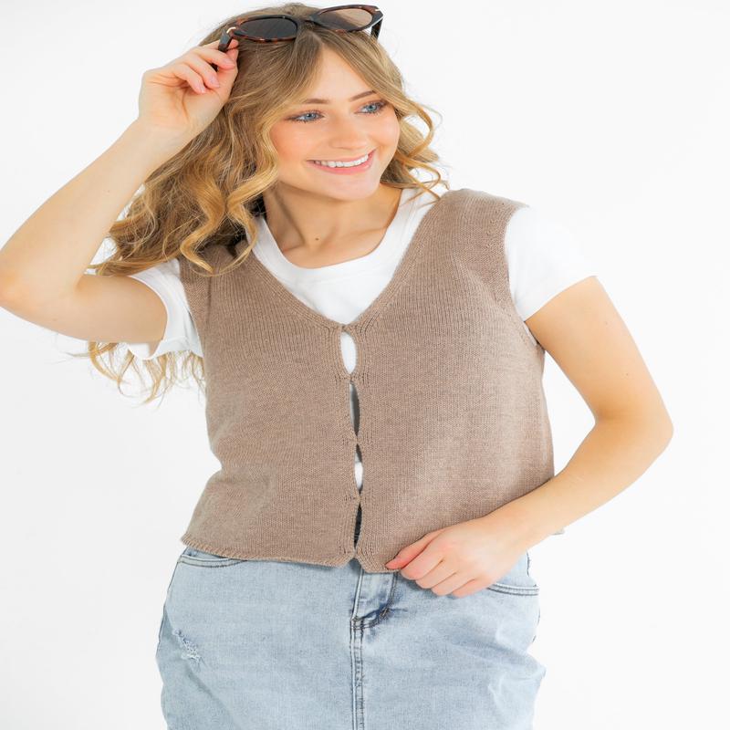 Hidden Button Detail Mocha Knit Vest - FINAL SALE