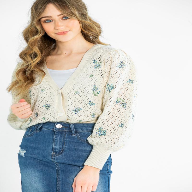 Long Sleeve Pointelle Embroidered Cardigan - FINAL SALE