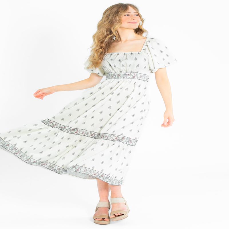 Printed Pattern Bubble Sleeve Midi Dress - FINAL SALE