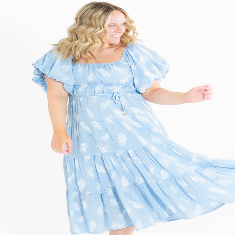Rhea Leaf Print Puff Sleeve Tiered Midi Dress - FINAL SALE