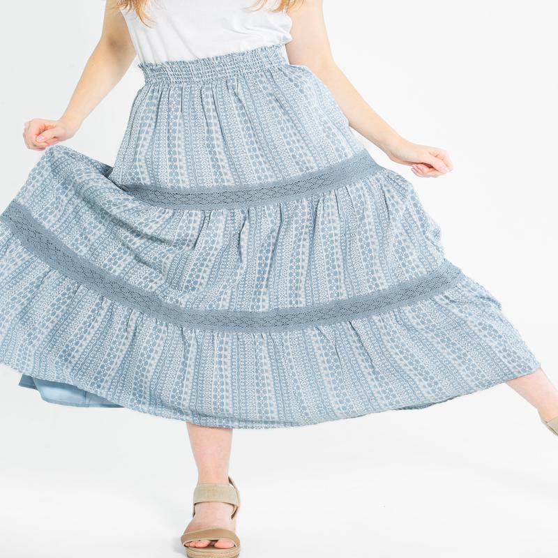 Ruched Waist Lace Trim Tiered Maxi Skirt - FINAL SALE