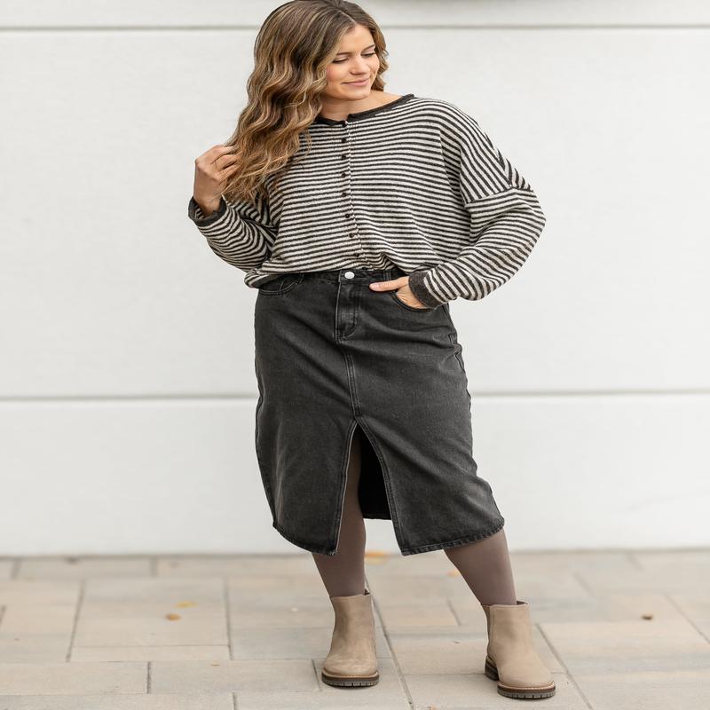 Black Denim Midi Pencil Skirt