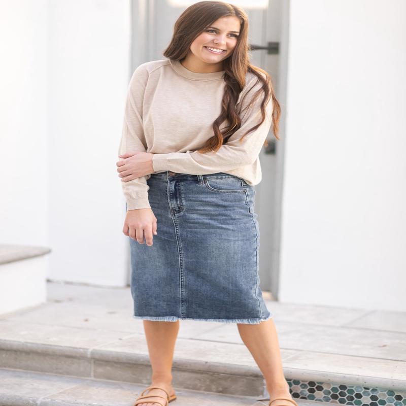 Drew Vintage Wash Raw Hem Midi Denim Skirt - FINAL SALE