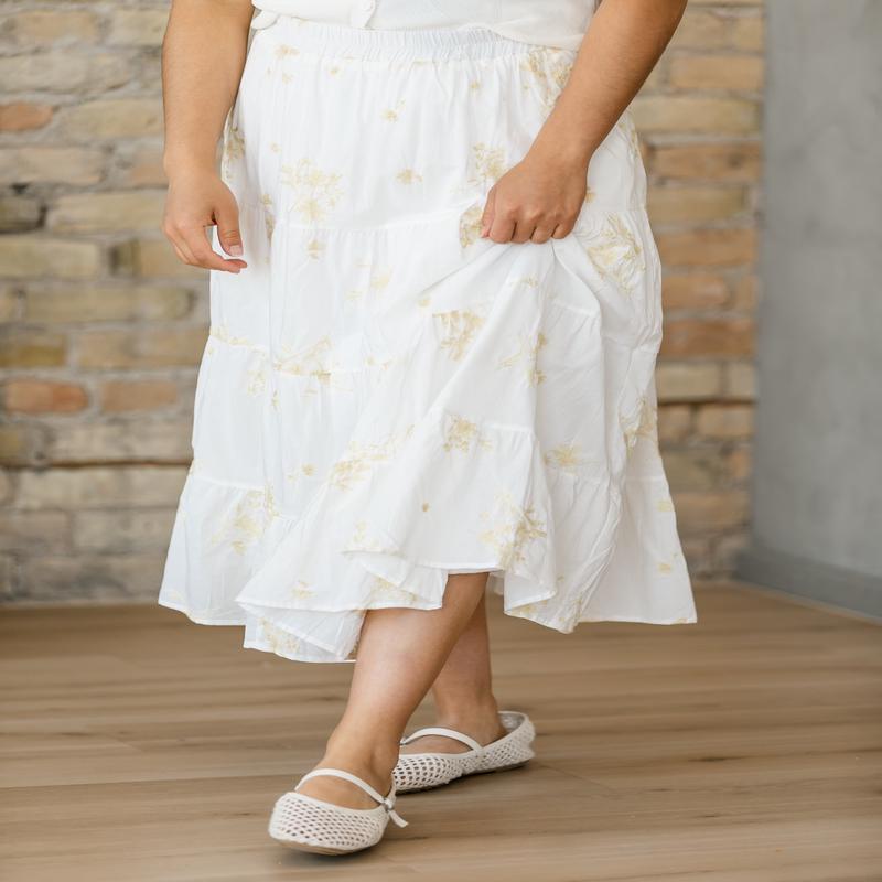 Floral Embroidered Elastic Waist Skirt - FINAL SALE