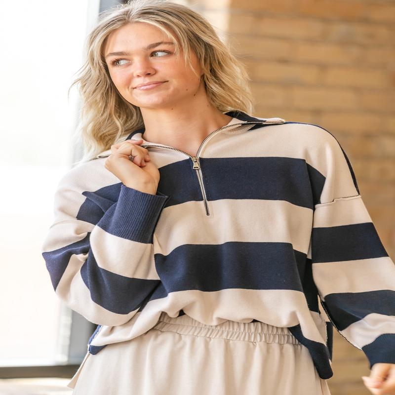Half-Zip Striped Long Sleeve Sweater - FINAL SALE