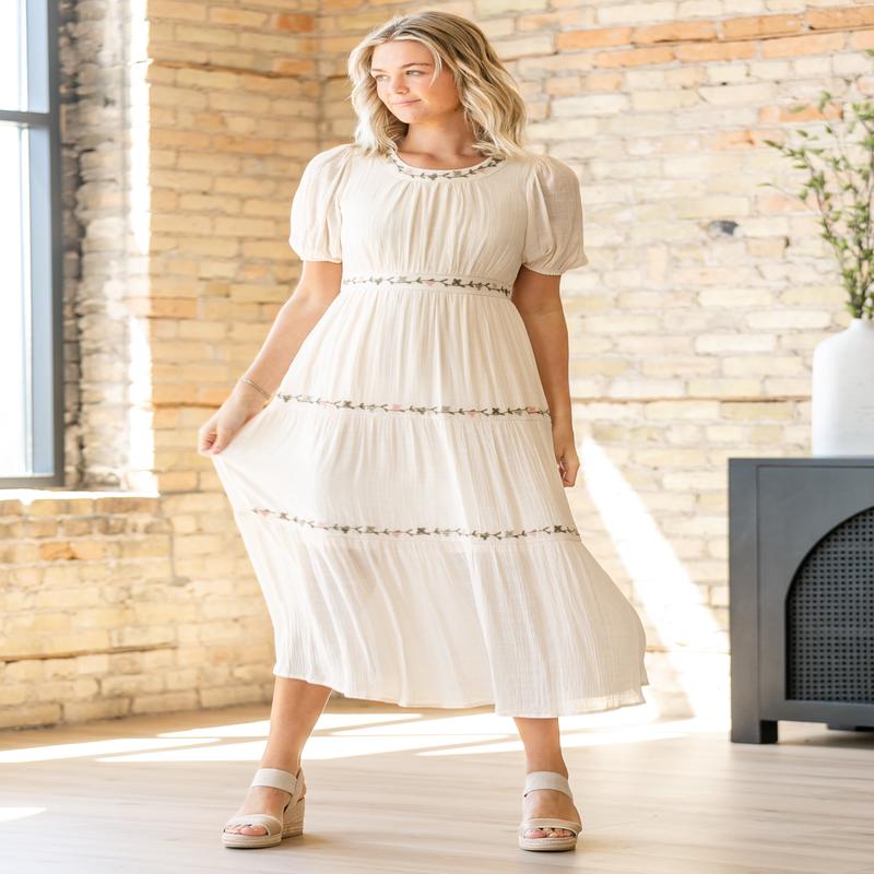 Embroidered Floral Round Neck Maxi Dress - FINAL SALE